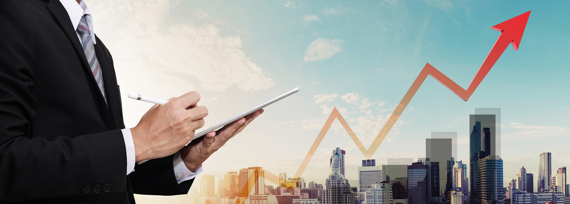 Businessman working digital tablet, with panorama city and raising arrow Businessman working on digital tablet, with panorama city view and raising up graph and arrow, representing business growth